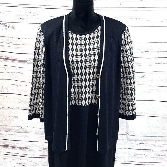 St. John Sports Women’s 2PC Knit Dress Suit Dress & Cardigan Black/White Size XL - Picture 2 of 11
